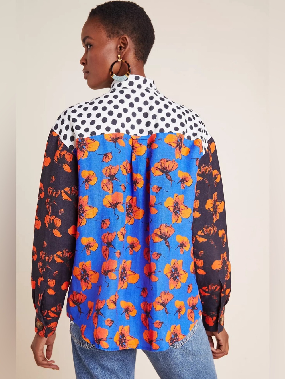 Anthropologie Dhruv Kapoor Coralia Floral Linen Blend Patchwork Shirt Size M - Picture 3 of 13